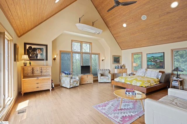 902 Altamont Rd, Greenville, SC 29609 - bedroom featuring high vaulted ceiling, visible vents, recessed lighting, wooden ceiling, and wood finished floors