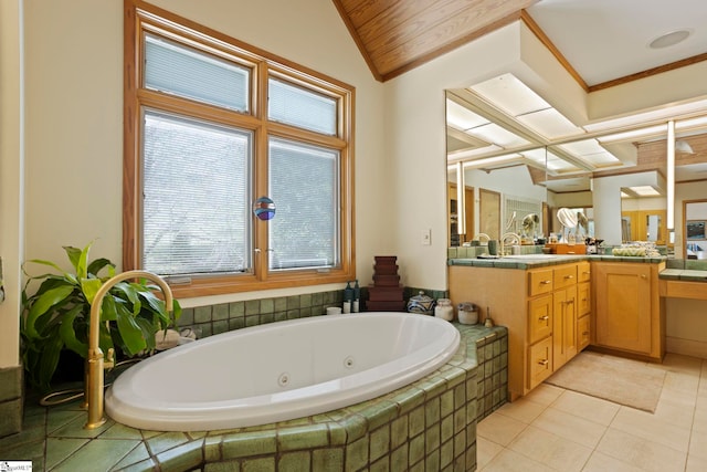 902 Altamont Rd, Greenville, SC 29609 - full bathroom featuring tile patterned floors, a jetted tub, vanity, and vaulted ceiling
