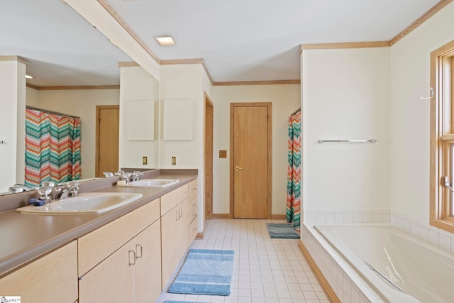 902 Altamont Rd, Greenville, SC 29609 - bathroom with crown molding, double vanity, a sink, and tile patterned flooring
