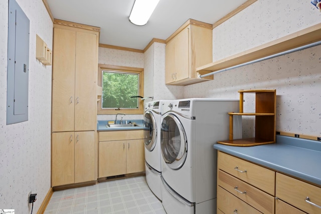 902 Altamont Rd, Greenville, SC 29609 - laundry area featuring electric panel, a sink, wallpapered walls, cabinet space, and washer and clothes dryer