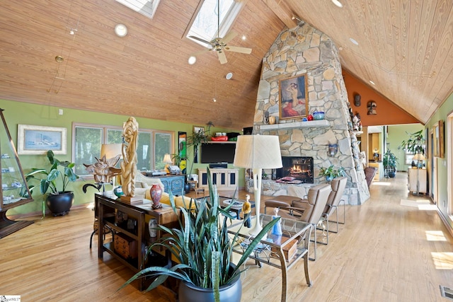 902 Altamont Rd, Greenville, SC 29609 - living area with a skylight, wood finished floors, a stone fireplace, and wooden ceiling