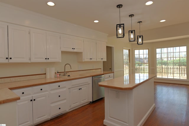 106 Carolina Club Dr, Spartanburg, SC 29306 - kitchen with recessed lighting, dark wood-style floors, white cabinetry, dishwasher, and a sink