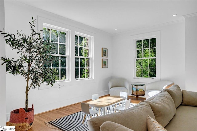 living room featuring ornamental molding, a wealth of natural light, recessed lighting, and wood finished floors