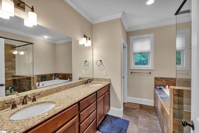 bathroom featuring a bath, a sink, and ornamental molding