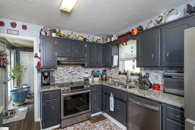 100 Sonora Dr, Easley, SC 29640 - kitchen featuring a sink, appliances with stainless steel finishes, dark wood finished floors, a textured ceiling, and under cabinet range hood
