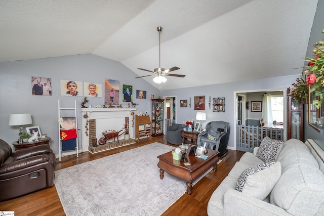 100 Sonora Dr, Easley, SC 29640 - living room featuring a textured ceiling, wood finished floors, a ceiling fan, and lofted ceiling