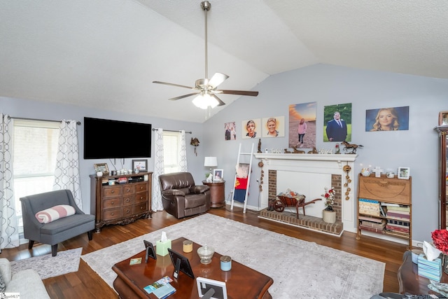 100 Sonora Dr, Easley, SC 29640 - living room with a brick fireplace, a ceiling fan, wood finished floors, and lofted ceiling