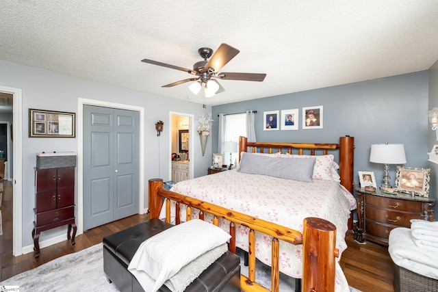 100 Sonora Dr, Easley, SC 29640 - bedroom with ceiling fan, connected bathroom, a textured ceiling, a closet, and wood finished floors