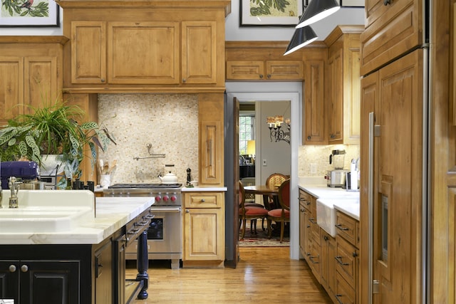 kitchen featuring light wood-style floors, light countertops, and high end appliances