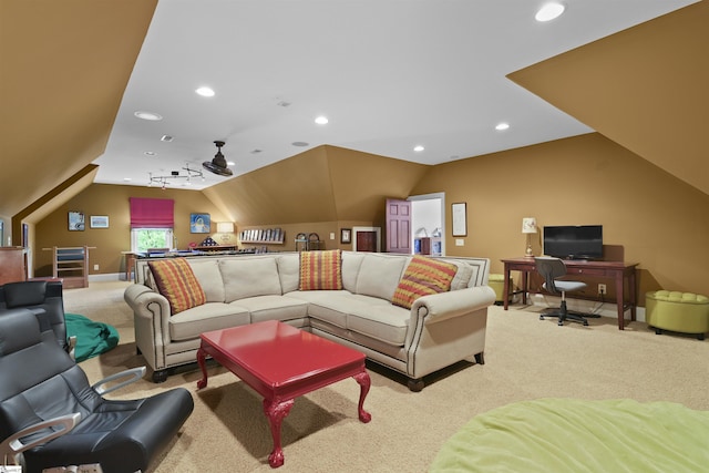 living area featuring light carpet, baseboards, lofted ceiling, and recessed lighting