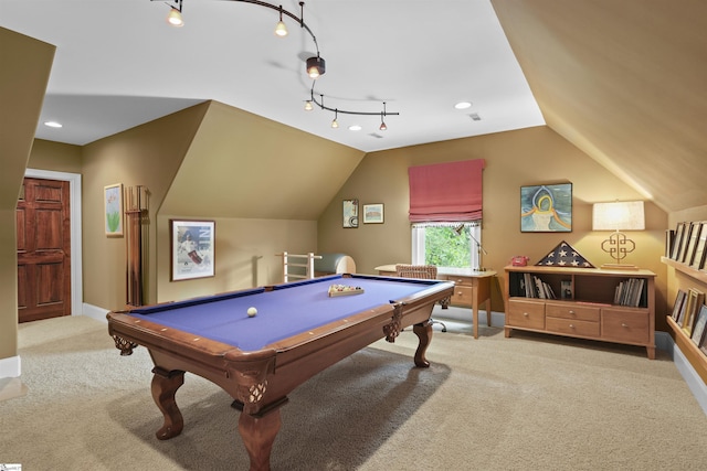 recreation room with lofted ceiling, track lighting, billiards, and carpet floors