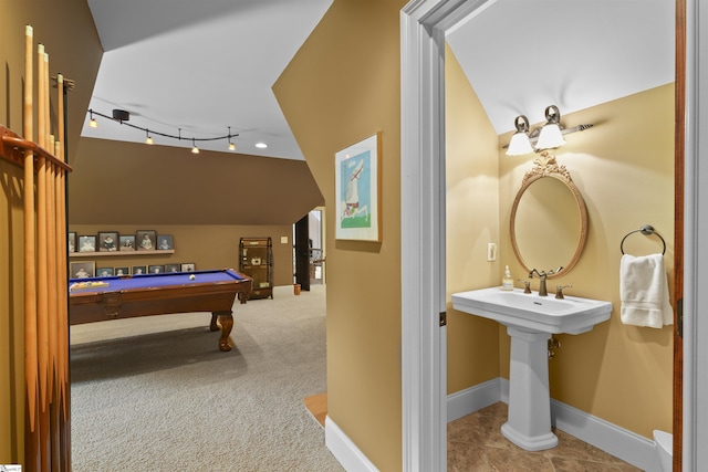 bathroom featuring track lighting, baseboards, tile patterned flooring, pool table, and lofted ceiling