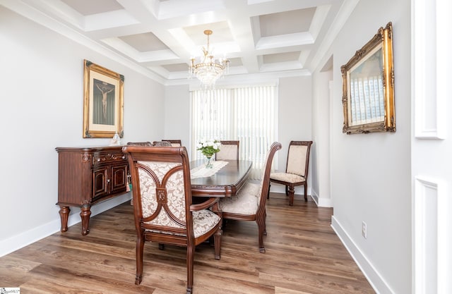 dining room featuring coffered ceiling, light wood-type flooring, an inviting chandelier, and baseboards