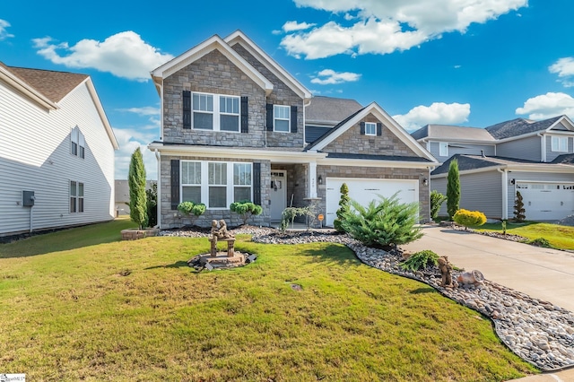 craftsman-style house featuring driveway, stone siding, a garage, and a front lawn