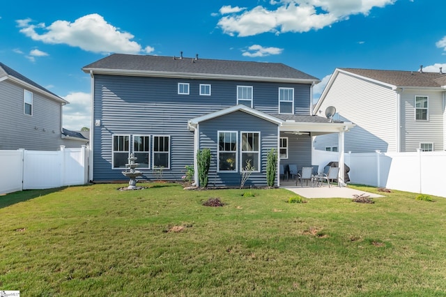 rear view of property with a patio area, a fenced backyard, and a lawn