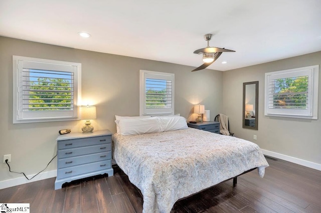 221 Lakeside Dr, Seneca, SC 29672 - bedroom with ceiling fan, dark wood-style flooring, baseboards, and recessed lighting