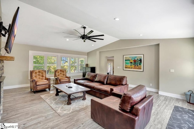 221 Lakeside Dr, Seneca, SC 29672 - living area with ceiling fan, light wood finished floors, vaulted ceiling, and baseboards
