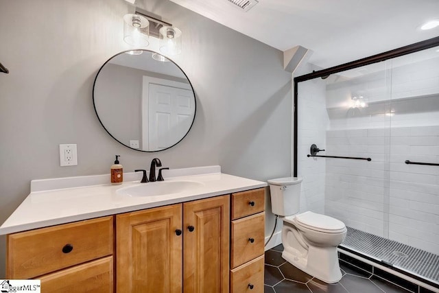 221 Lakeside Dr, Seneca, SC 29672 - bathroom featuring toilet, tile patterned floors, vanity, and a shower stall