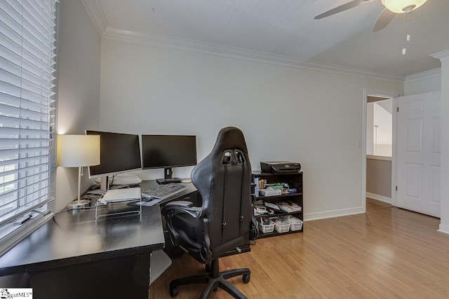 105 Berrywood Ct, Greer, SC 29650 - office with baseboards, ornamental molding, ceiling fan, and wood finished floors