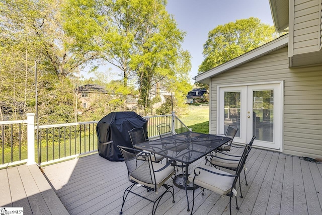 105 Berrywood Ct, Greer, SC 29650 - wooden terrace featuring a grill, french doors, and outdoor dining space