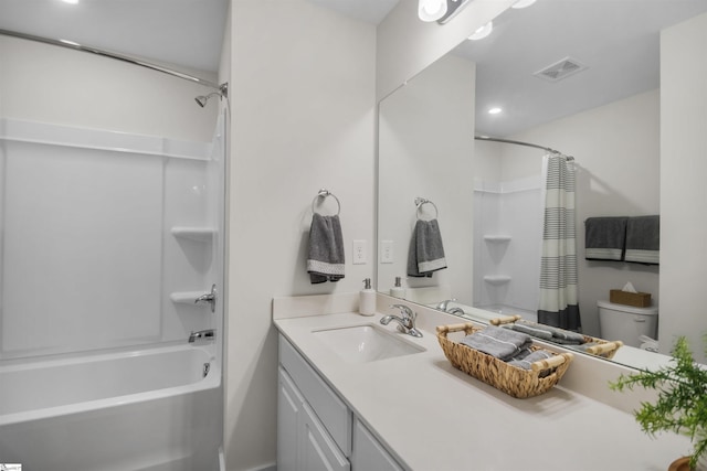 bathroom with shower / bath combination with curtain, vanity, visible vents, and toilet