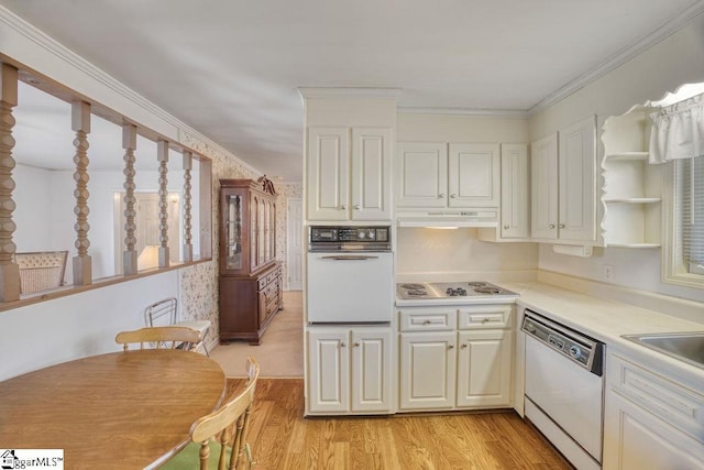 kitchen with light wood-type flooring, white appliances, light countertops, open shelves, and under cabinet range hood