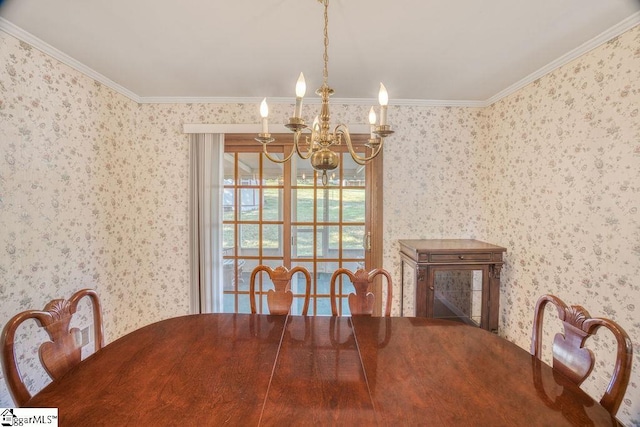 dining space featuring wallpapered walls, an inviting chandelier, and ornamental molding
