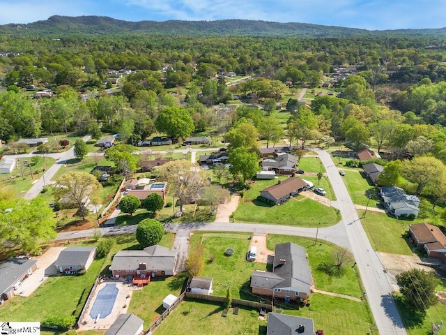 bird's eye view with a view of trees and a mountain view