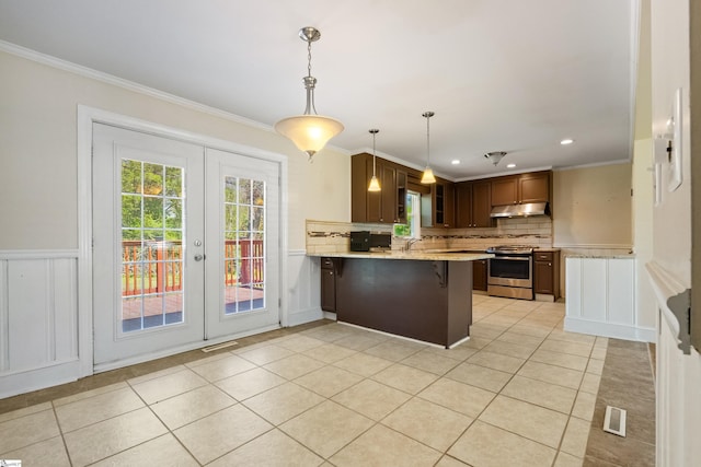 105 Pinewood Ave, Clinton, SC 29325 - kitchen with a peninsula, under cabinet range hood, stainless steel electric range, french doors, and light tile patterned flooring