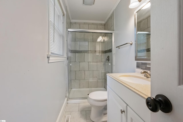 105 Pinewood Ave, Clinton, SC 29325 - bathroom with a shower stall, vanity, ornamental molding, and toilet