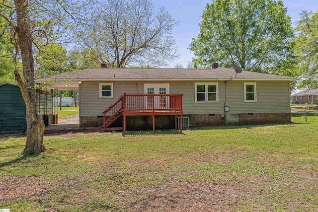 105 Pinewood Ave, Clinton, SC 29325 - rear view of house featuring french doors, a yard, a deck, and crawl space