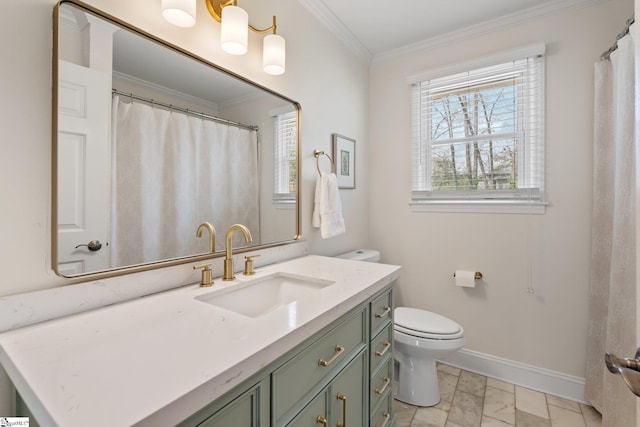 full bathroom with ornamental molding, toilet, vanity, and baseboards