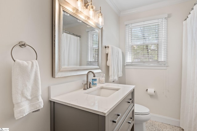 full bathroom with crown molding, a wealth of natural light, vanity, and baseboards