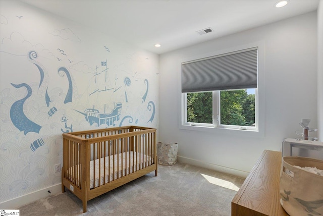 bedroom with recessed lighting, visible vents, baseboards, and carpet floors