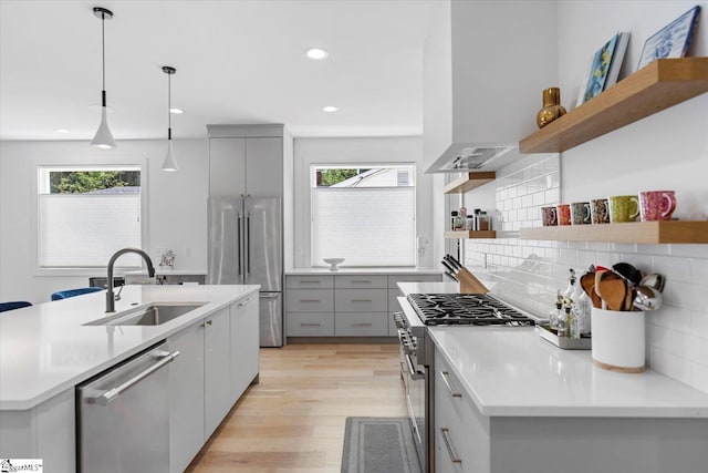 kitchen featuring light wood-style flooring, open shelves, high end appliances, gray cabinetry, and a sink
