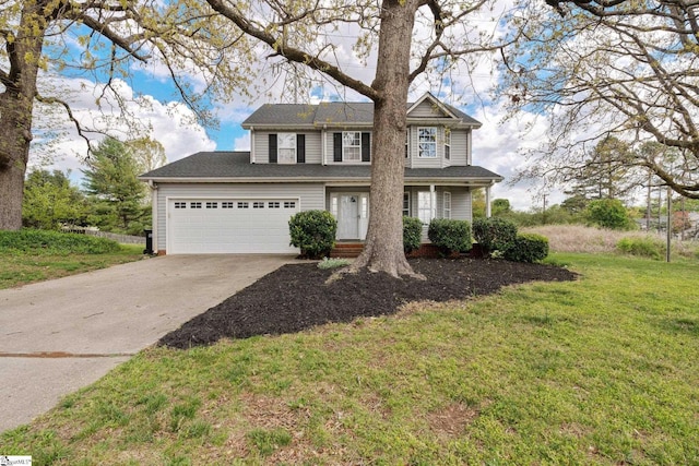traditional-style house featuring an attached garage, driveway, and a front yard