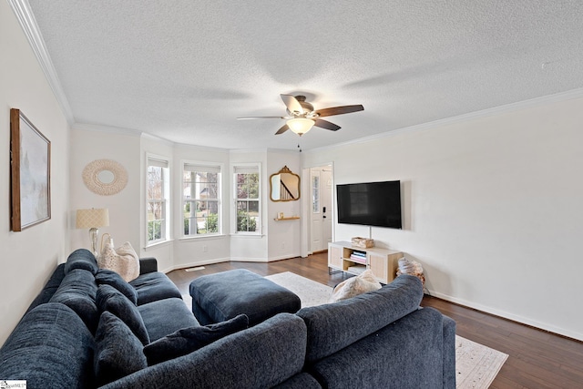 living room featuring crown molding, dark wood finished floors, a ceiling fan, and a textured ceiling