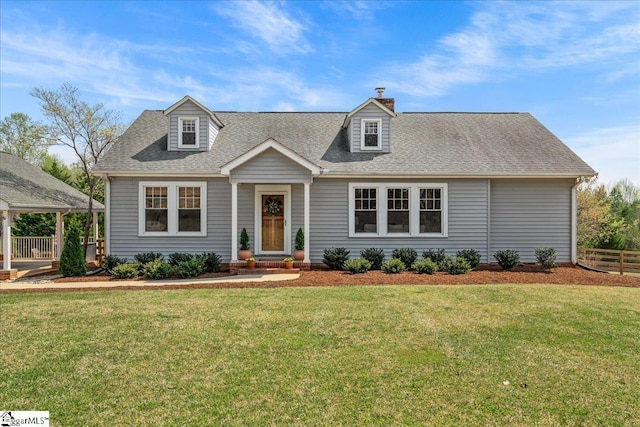 cape cod home featuring roof with shingles, a chimney, fence, and a front lawn