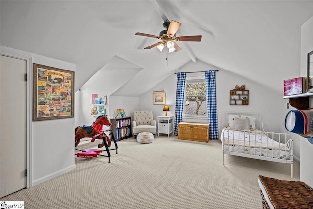 carpeted bedroom featuring ceiling fan, baseboards, and vaulted ceiling with beams