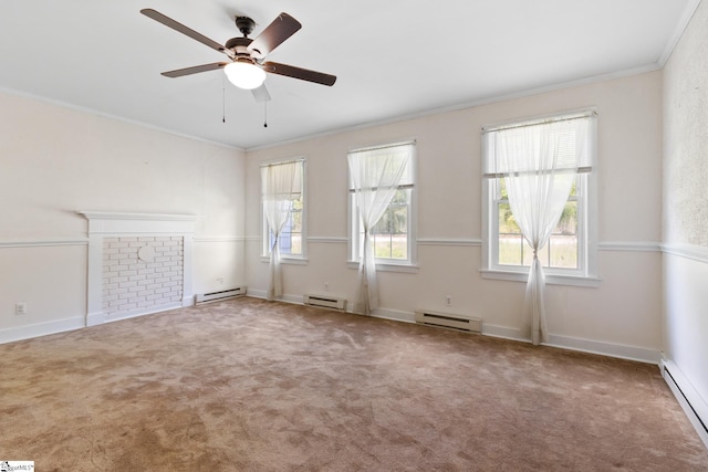 unfurnished living room featuring ornamental molding, a baseboard radiator, and a baseboard heating unit
