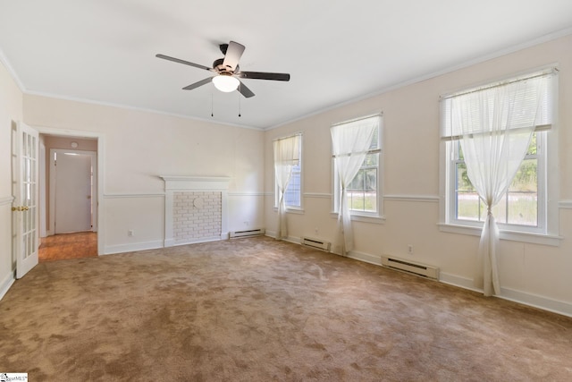 unfurnished living room with a baseboard heating unit, ceiling fan, and ornamental molding