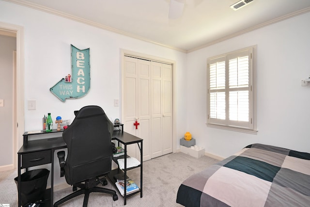 bedroom featuring ornamental molding, visible vents, and carpet