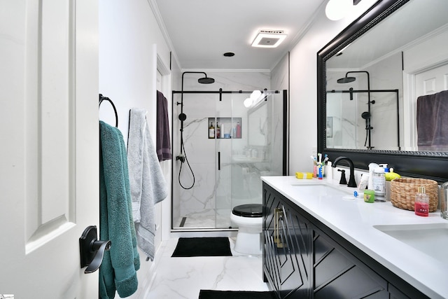 full bathroom with a sink, toilet, a marble finish shower, and crown molding