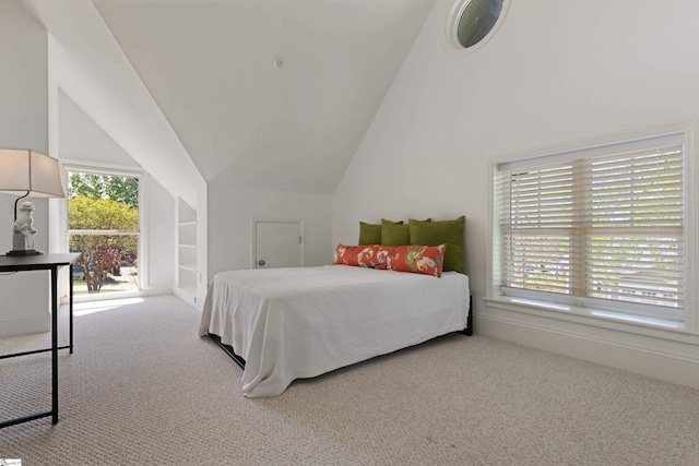 carpeted bedroom with multiple windows and lofted ceiling