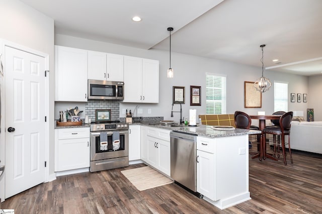 kitchen with a peninsula, dark wood-style floors, white cabinetry, appliances with stainless steel finishes, and a sink