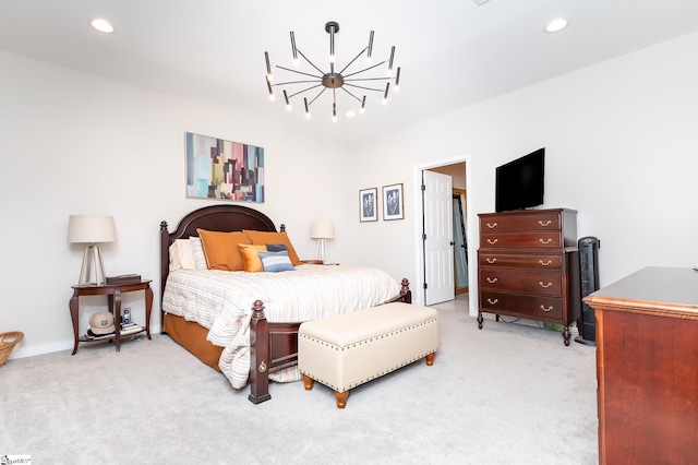 bedroom with light colored carpet, recessed lighting, and an inviting chandelier