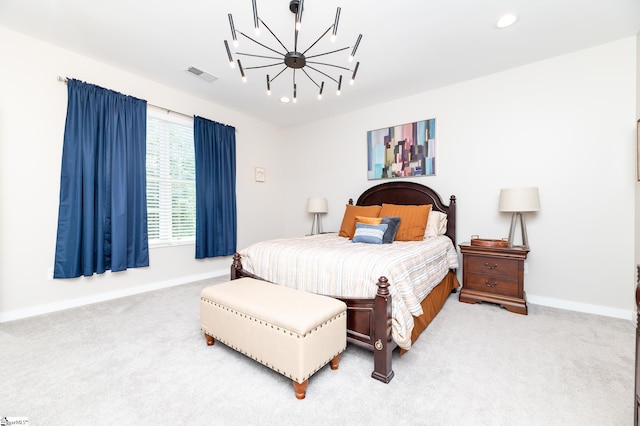 carpeted bedroom featuring a chandelier, baseboards, visible vents, and recessed lighting