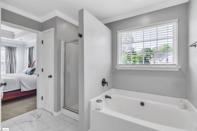 ensuite bathroom featuring a bath, crown molding, a shower stall, connected bathroom, and marble finish floor