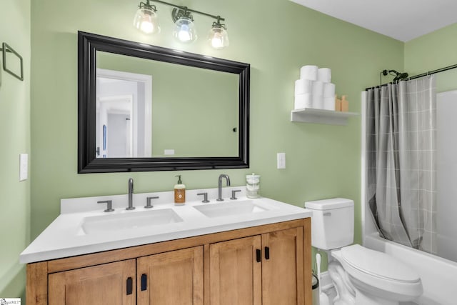 bathroom with a sink, toilet, double vanity, and shower / bath combination with curtain
