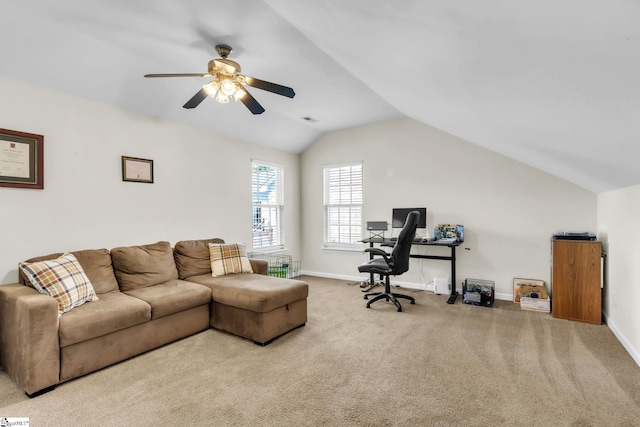 living area featuring ceiling fan, carpet, visible vents, lofted ceiling, and baseboards